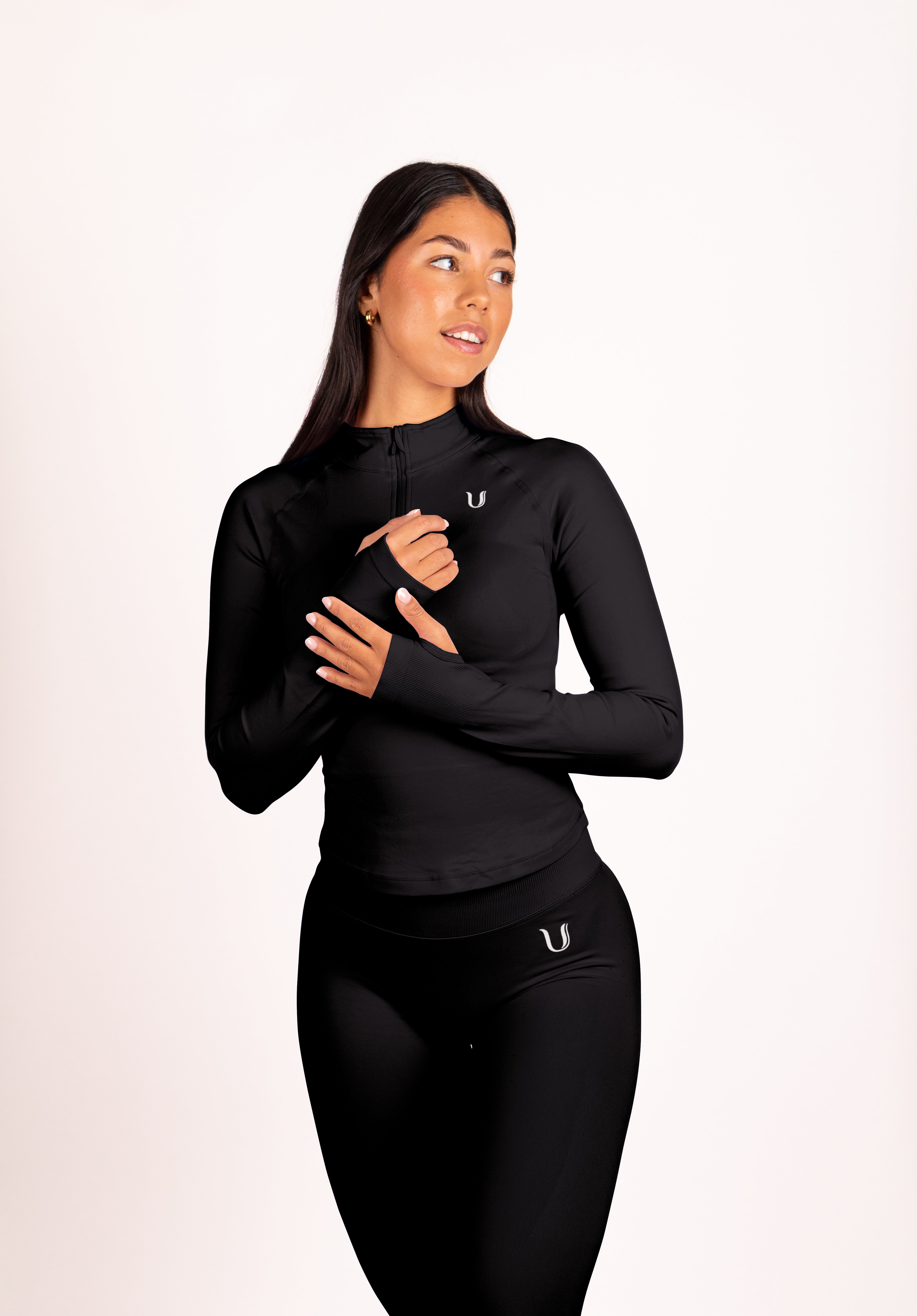 Beau Half Zip Lange Mouwen Top Zwart - Dames activewear detail